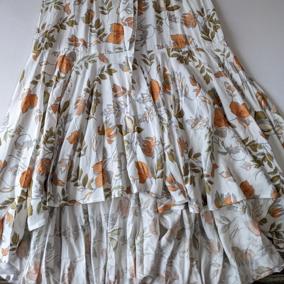 Boho Long Sleeve Floral Print Fitted Dress Flowy Hi Low Hem White & Orange Small - Picture 4 of 7